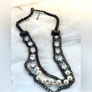 VTG Avon Black Layered Chain Necklace Crystal Pearl Gothic Glam Statement 32” N3